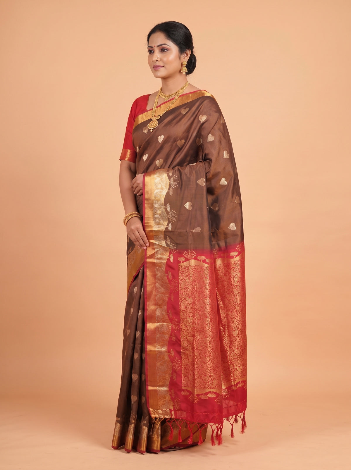 Brown and Red Soft semi silk Saree