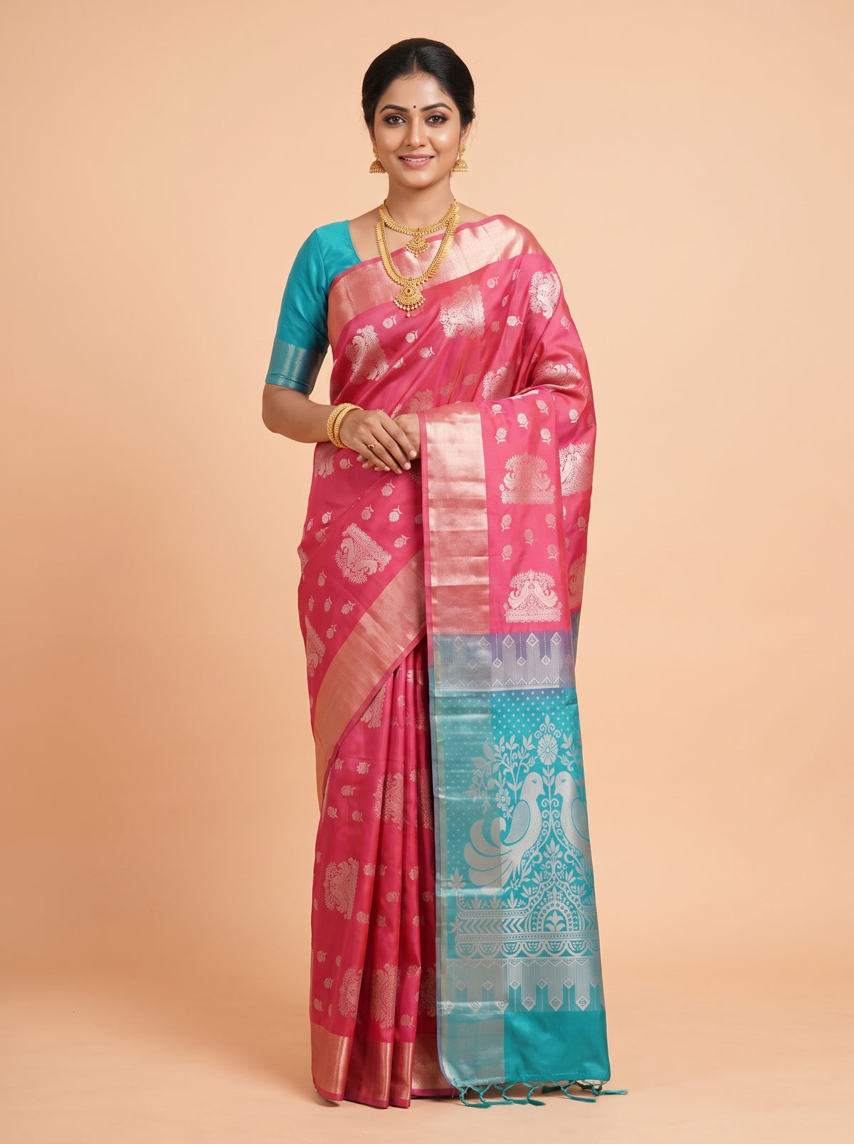 Red and Teal Green semi silk Saree