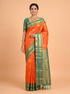 Orange and Navy Blue semi silk Saree