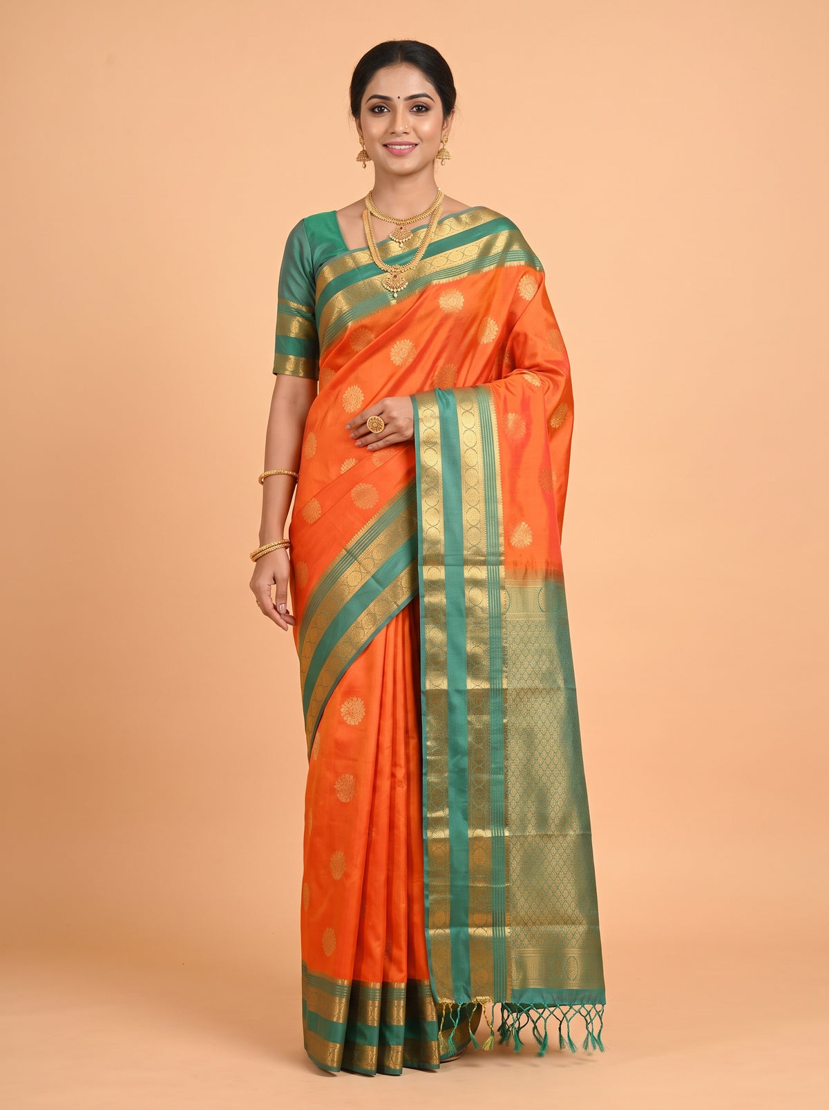Orange and Navy Blue semi silk Saree