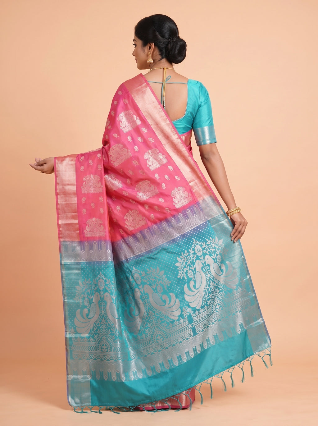Red and Teal Green semi silk Saree