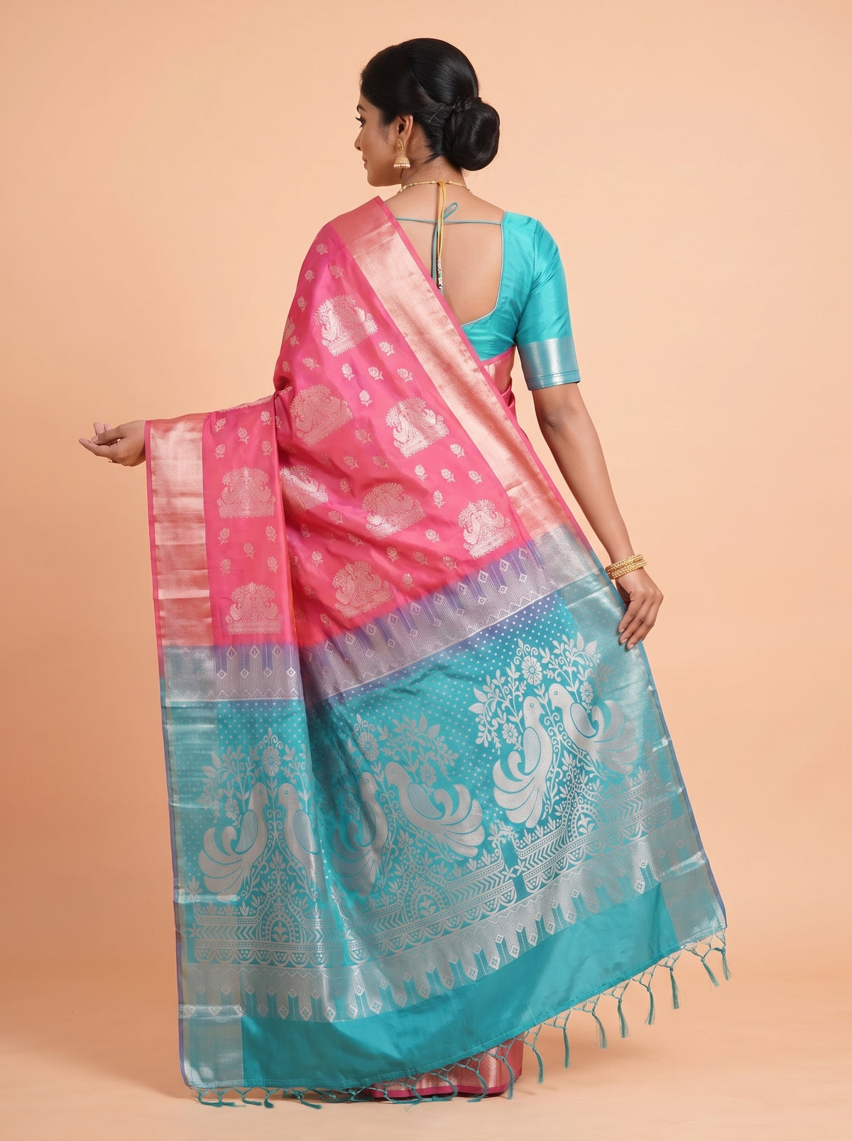 Red and Teal Green semi silk Saree