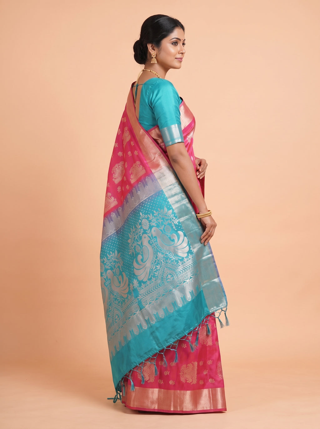 Red and Teal Green semi silk Saree