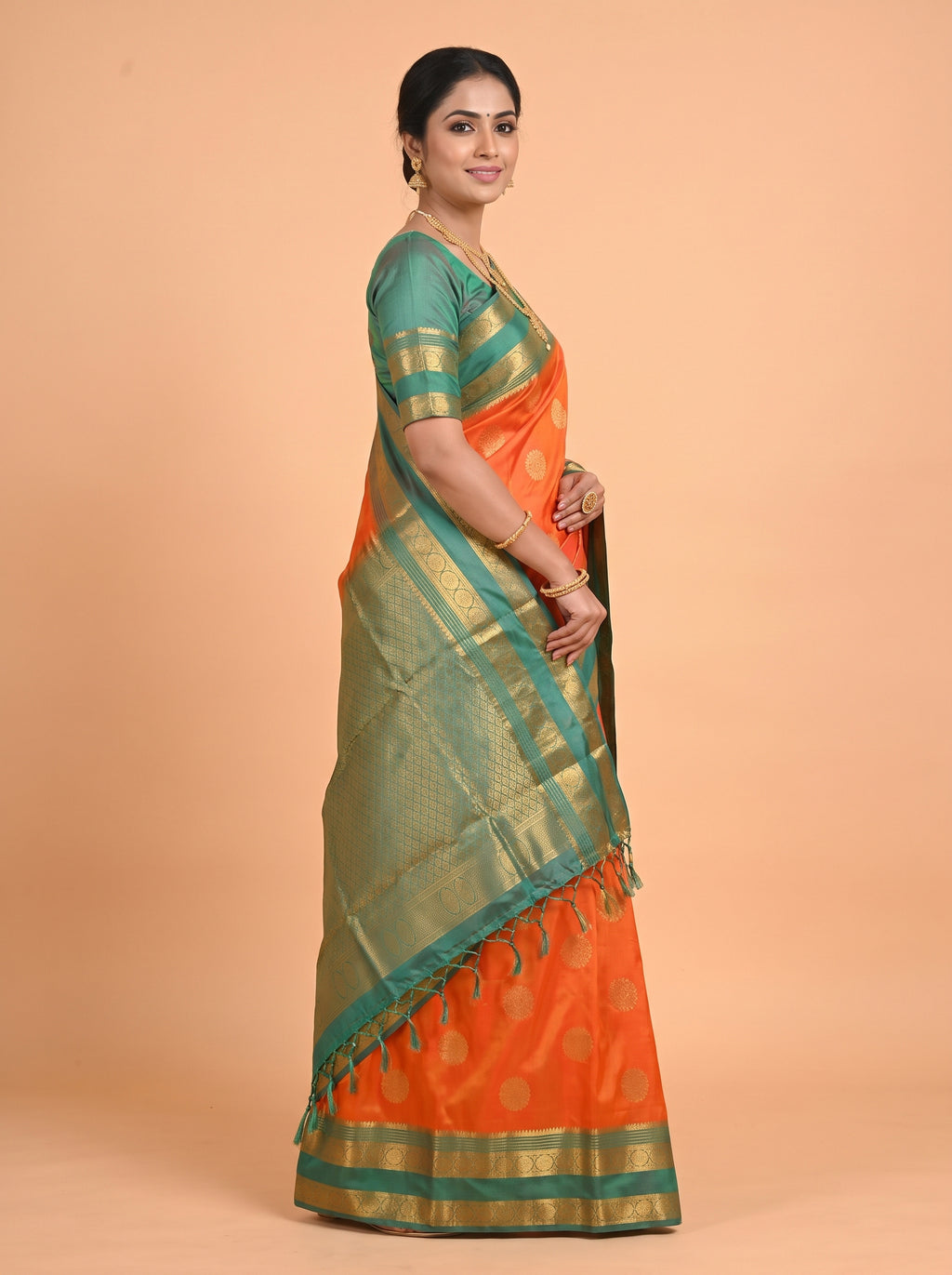 Orange and Navy Blue semi silk Saree