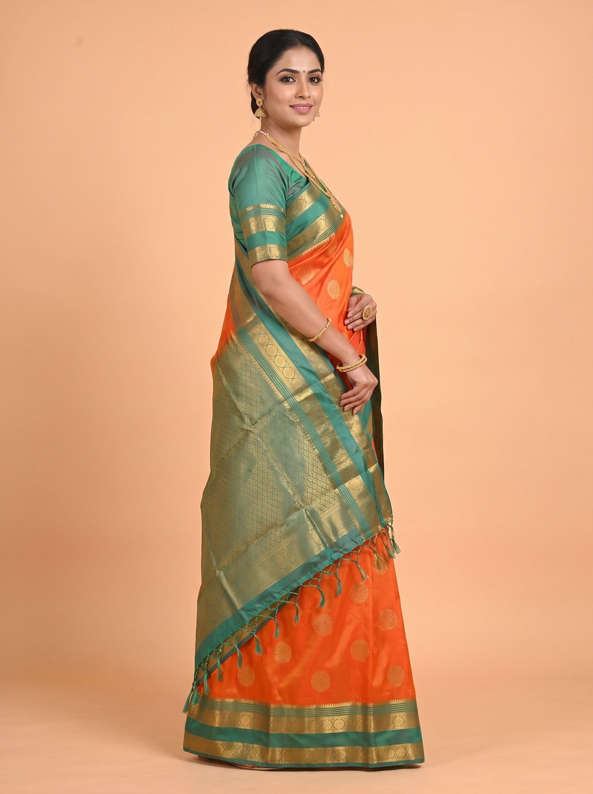 Orange and Navy Blue semi silk Saree