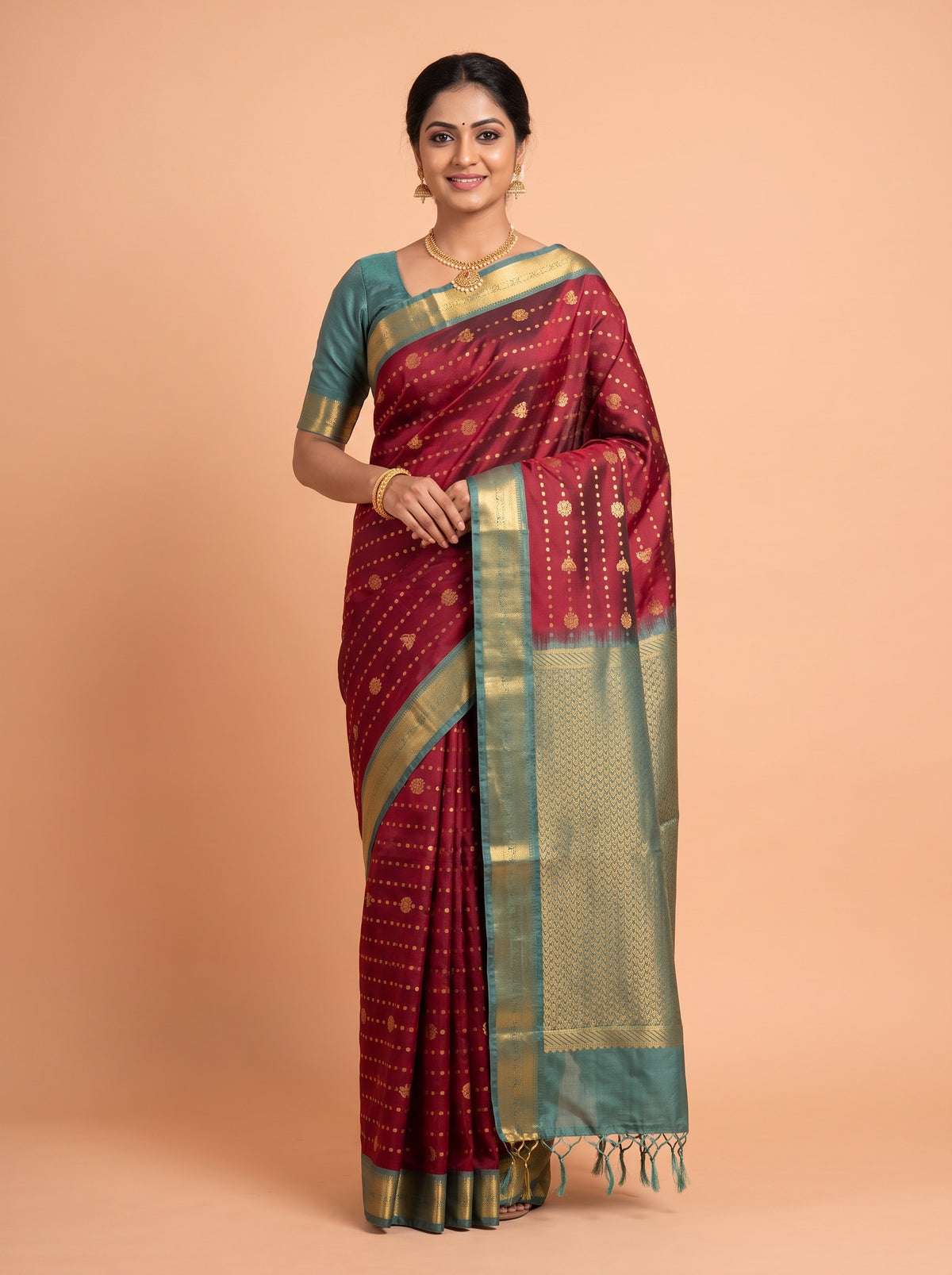 Maroon and Sea Green semi silk Saree