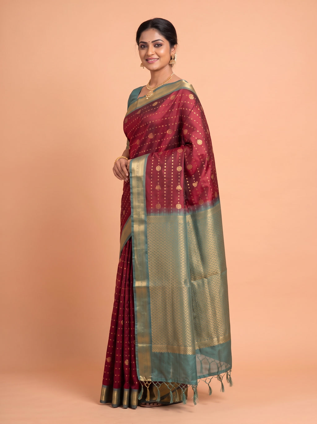 Maroon and Sea Green semi silk Saree
