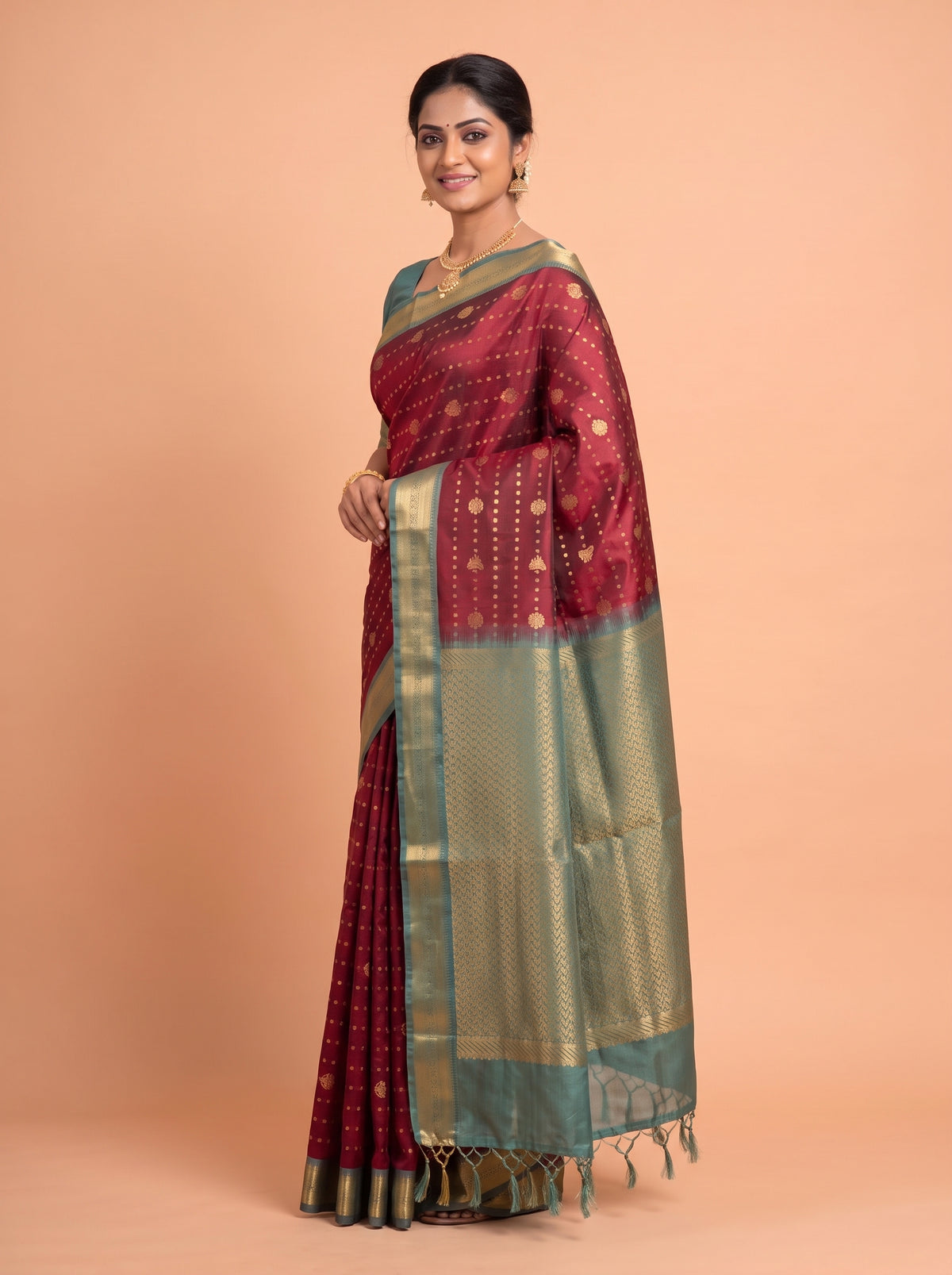 Maroon and Sea Green semi silk Saree