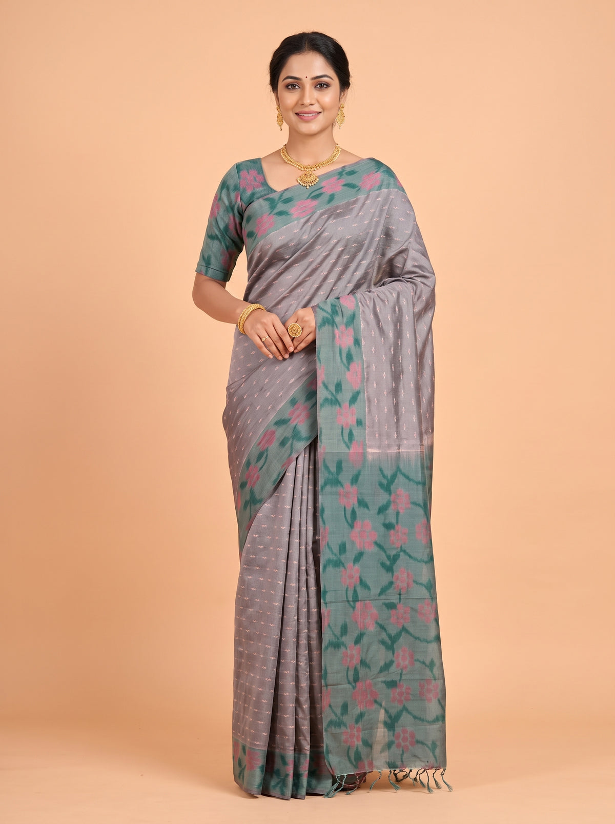 Grey and Off Green semi silk Saree