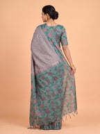 Grey and Off Green semi silk Saree
