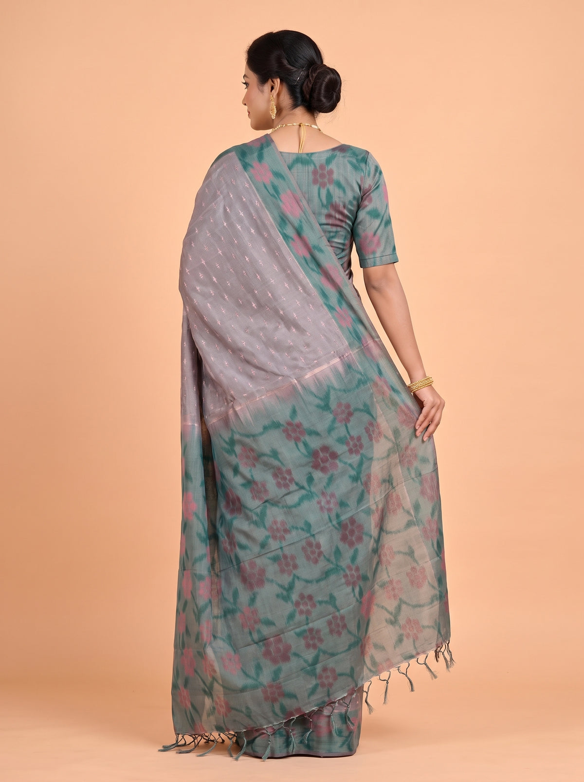 Grey and Off Green semi silk Saree
