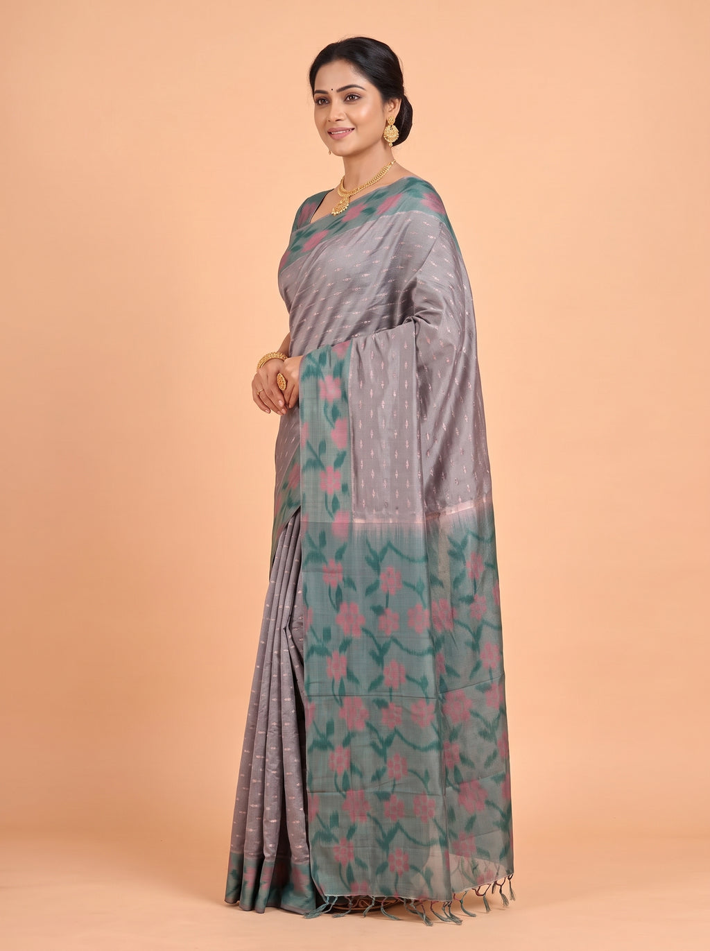 Grey and Off Green semi silk Saree