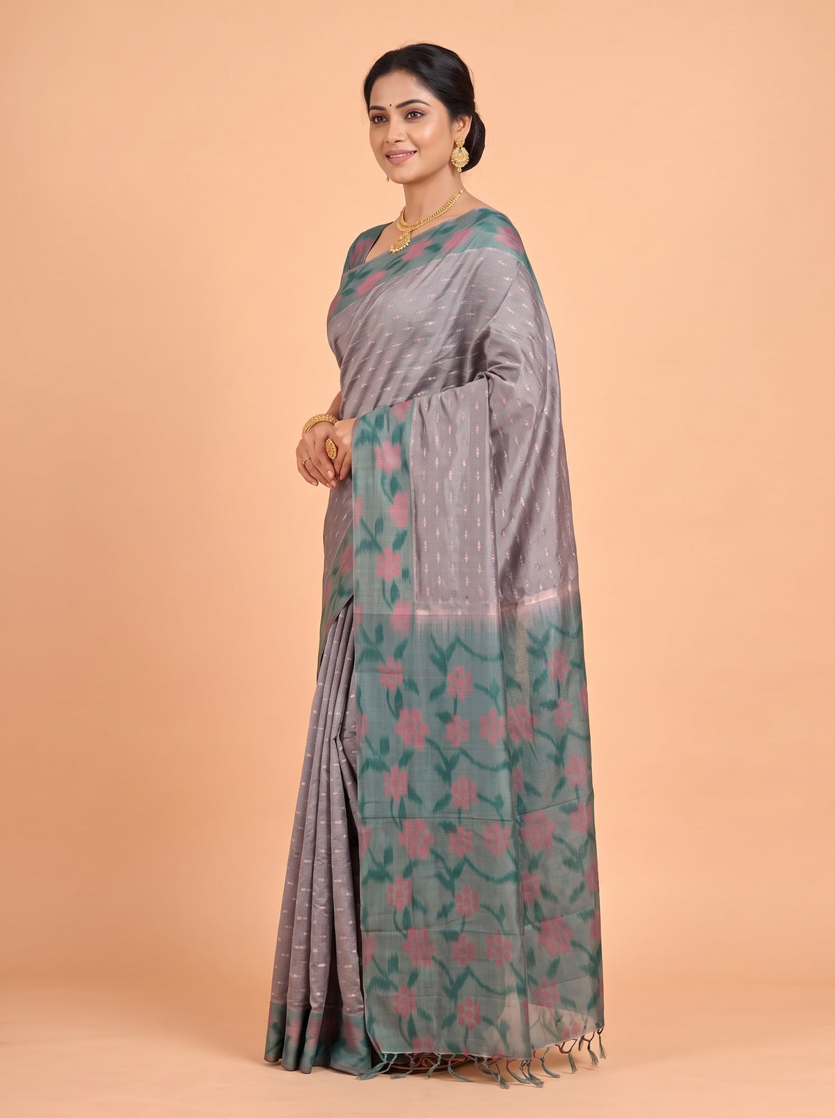 Grey and Off Green semi silk Saree