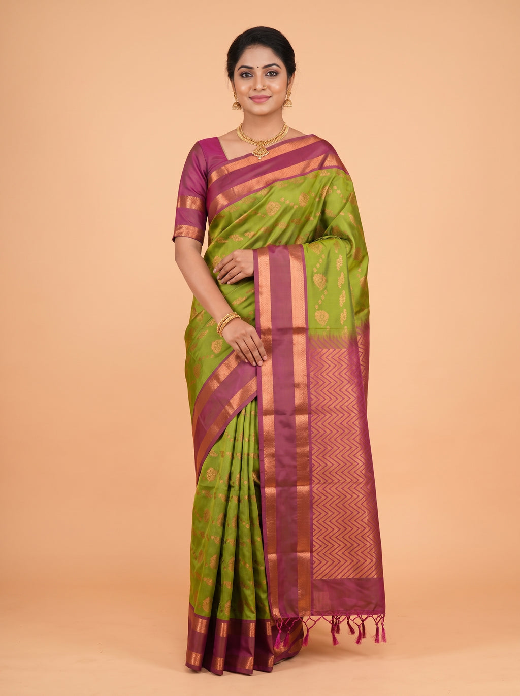 Green and Magenta semi silk Saree