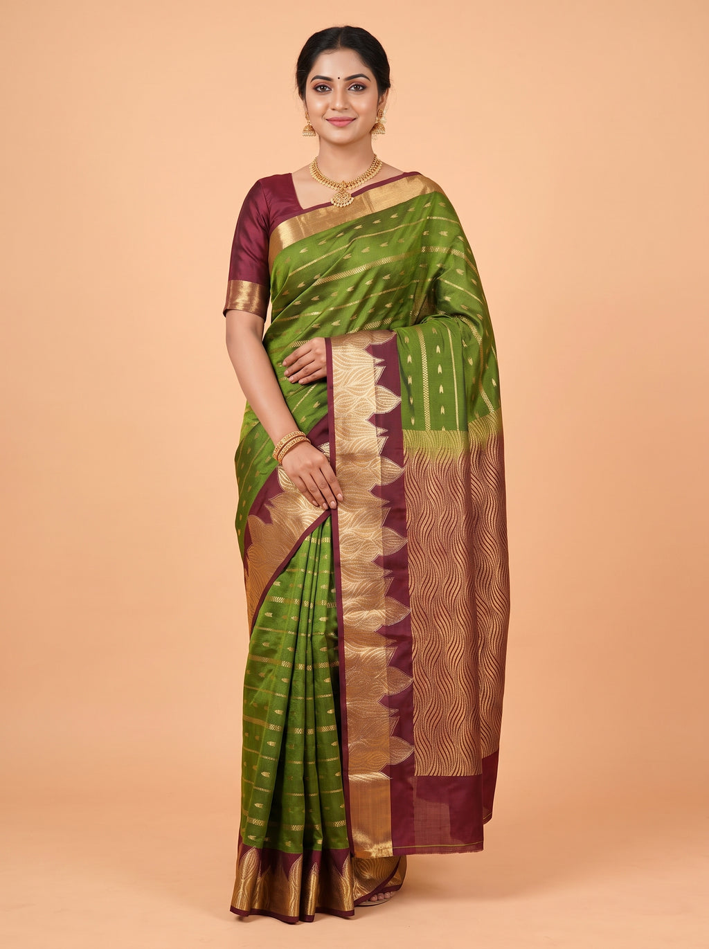 Wine Purple and Green semi silk Saree
