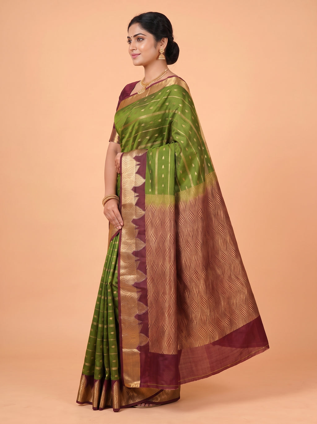 Wine Purple and Green semi silk Saree