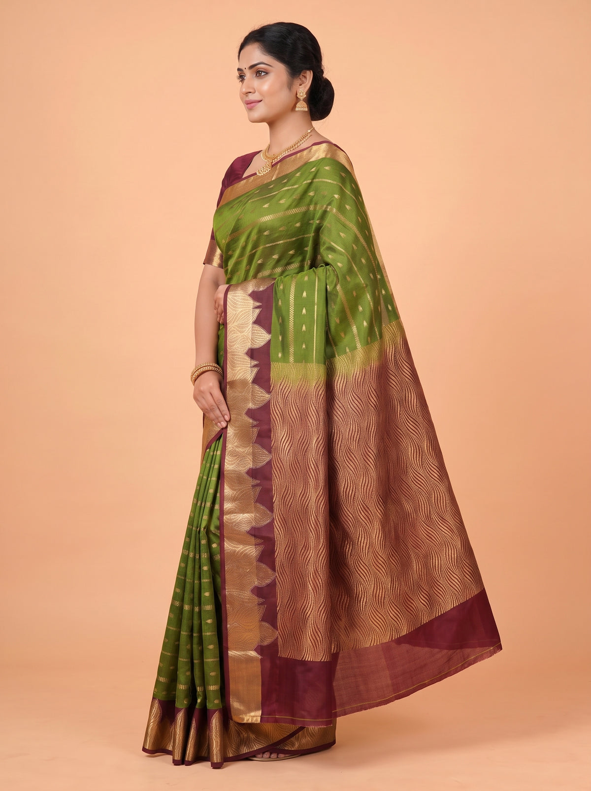 Wine Purple and Green semi silk Saree