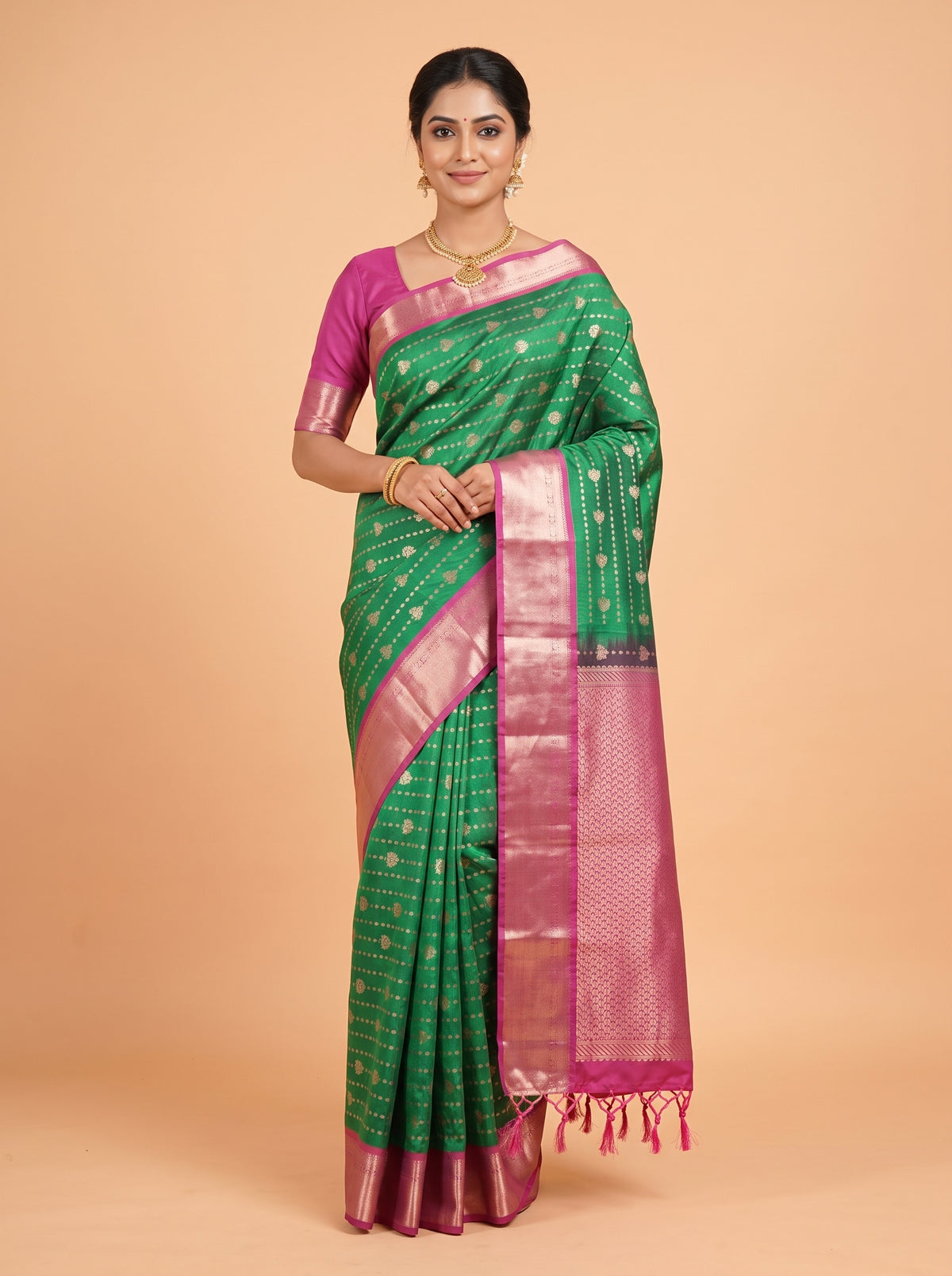 Green and Pink semi silk Saree