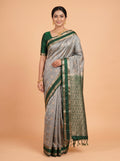 Grey and Dark Green Gold Zari Woven Semi Silk Saree
