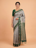 Grey and Dark Green Gold Zari Woven Semi Silk Saree