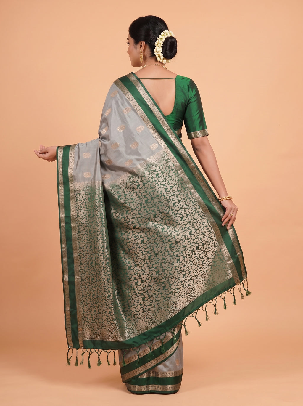 Grey and Dark Green Gold Zari Woven Semi Silk Saree