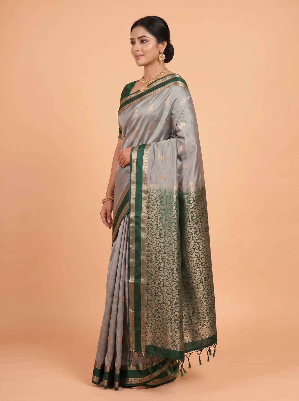 Grey and Dark Green Gold Zari Woven Semi Silk Saree
