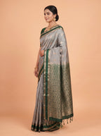 Grey and Dark Green Gold Zari Woven Semi Silk Saree
