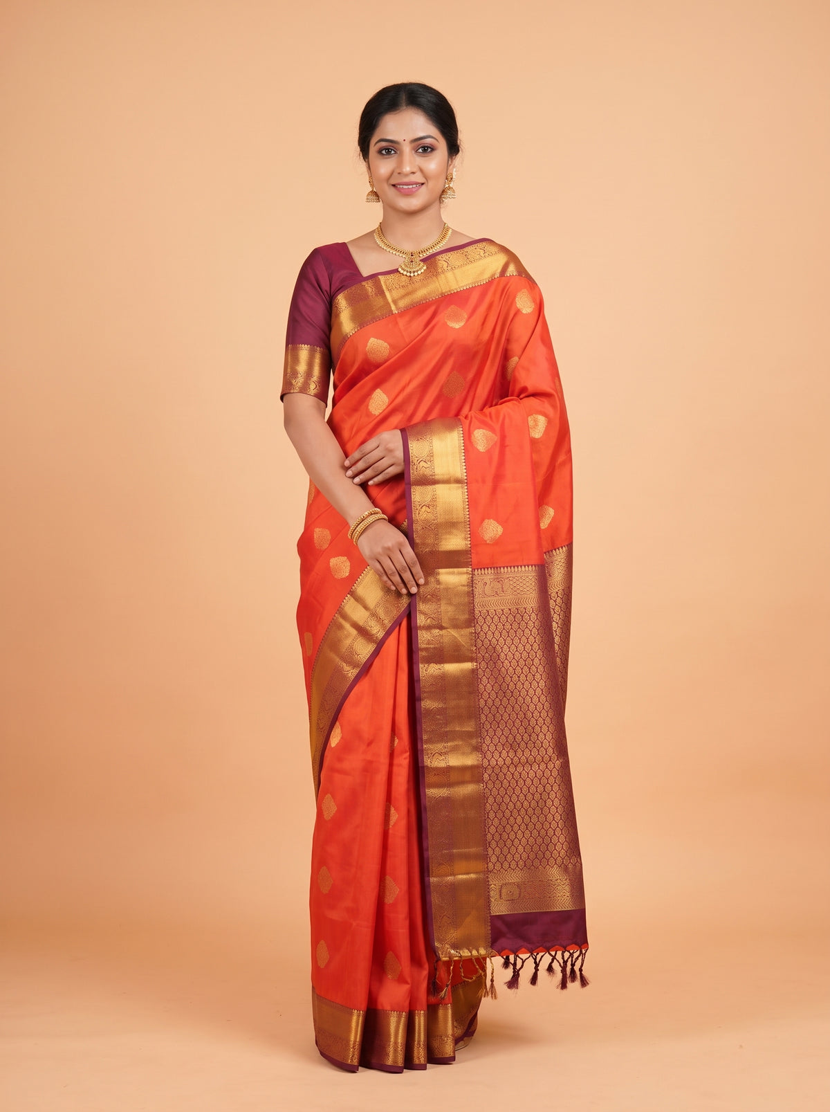 Orange and Purple Gold Zari Woven Silk Saree