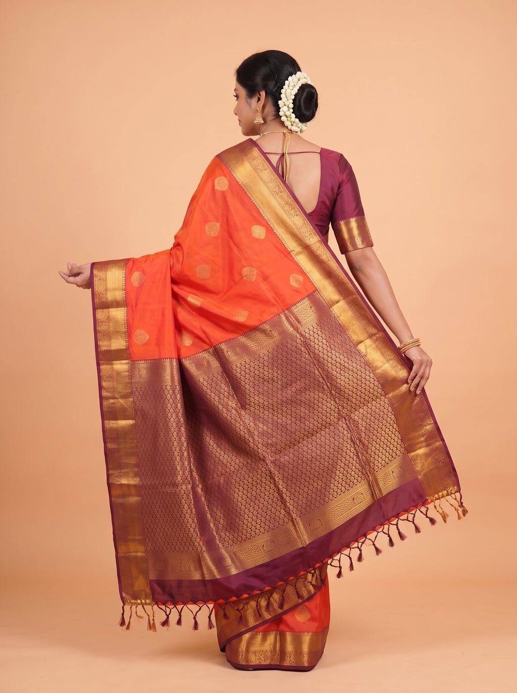 Orange and Purple Gold Zari Woven Silk Saree