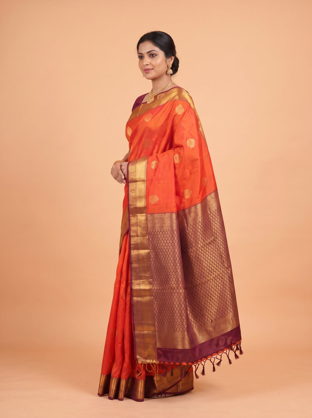 Orange and Purple Gold Zari Woven Silk Saree
