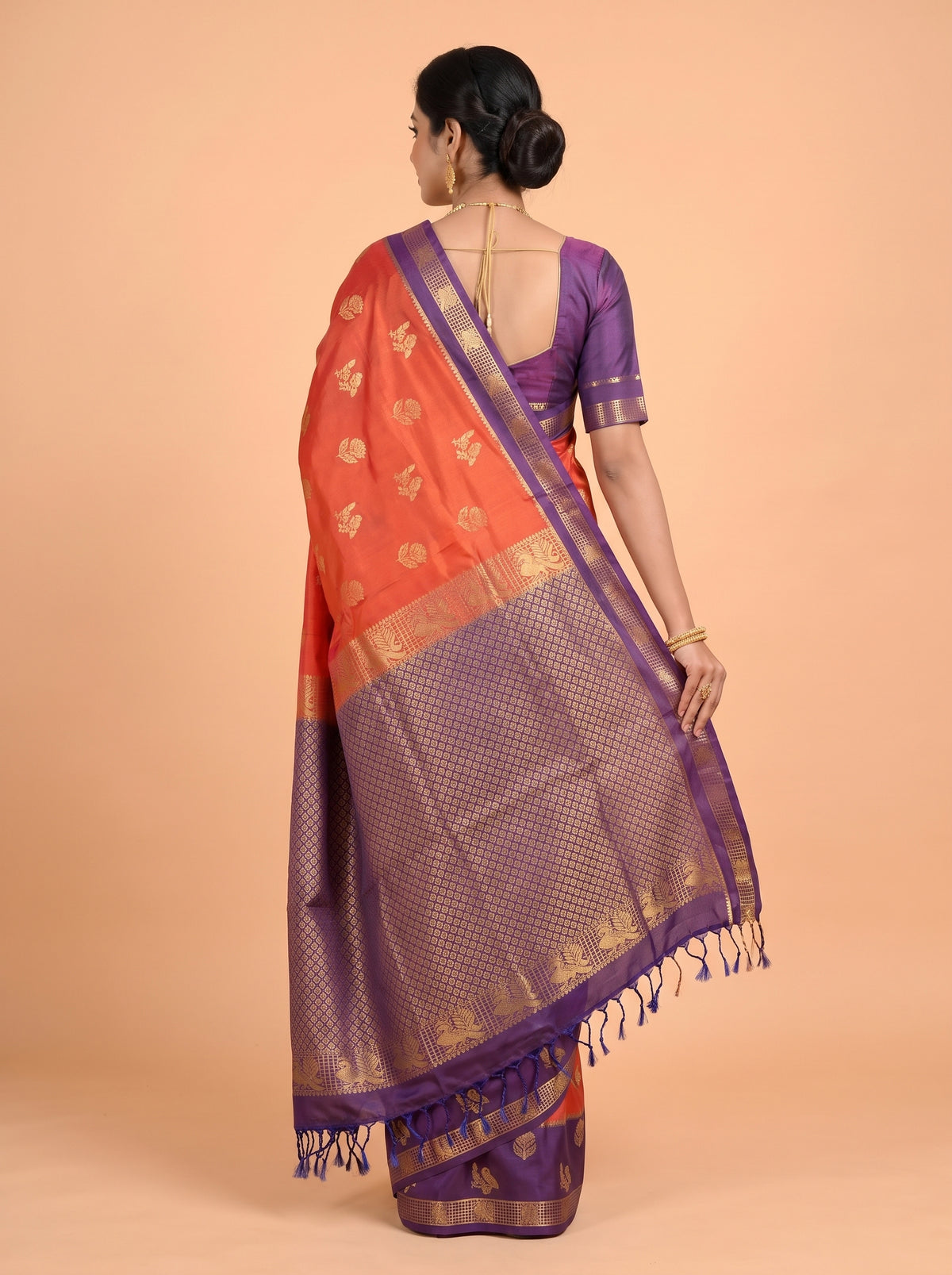 Orange and Blue Gold Zari Woven Silk Saree