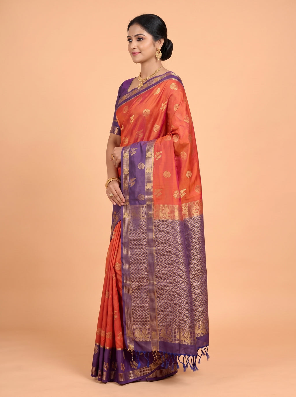 Orange and Blue Gold Zari Woven Silk Saree