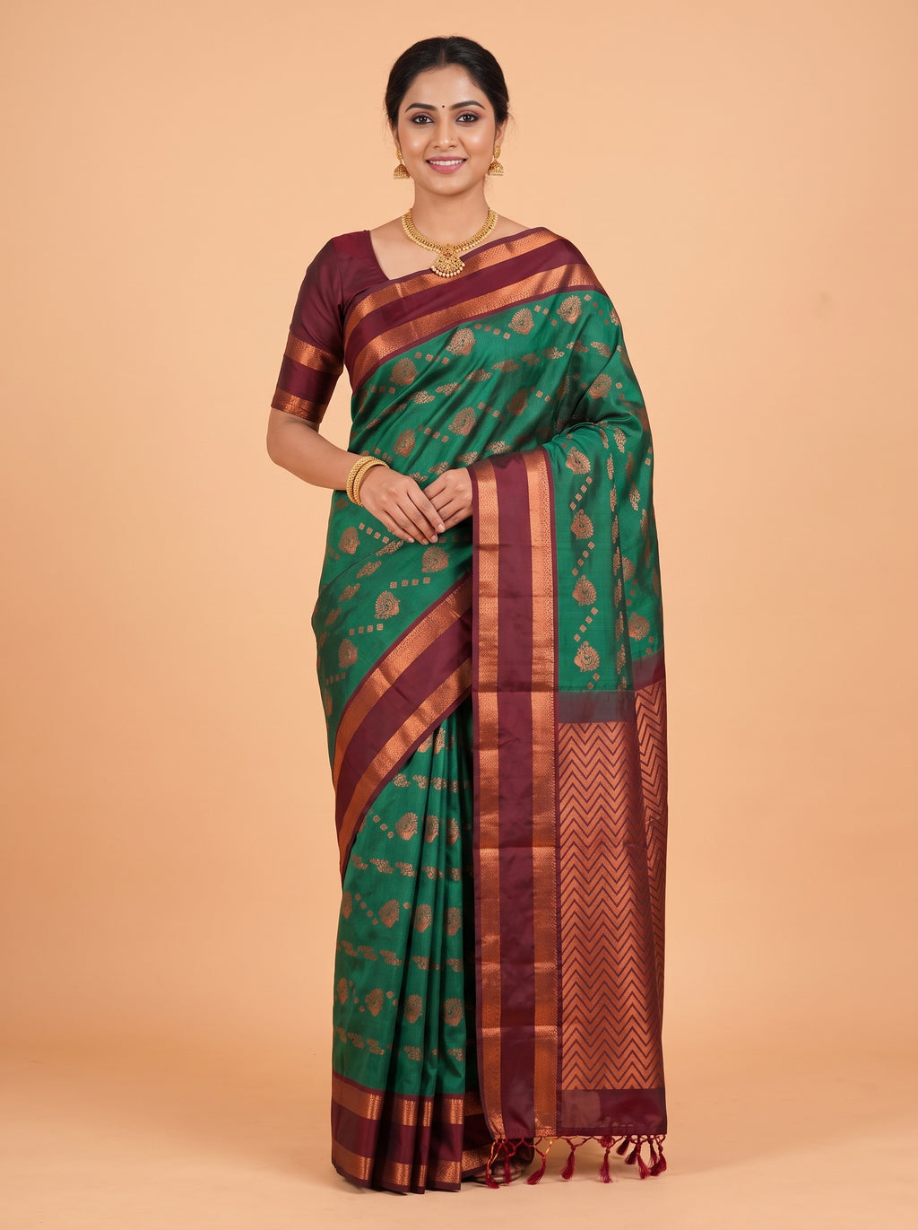 Rama Green and Maroon Gold Zari Woven Silk Saree