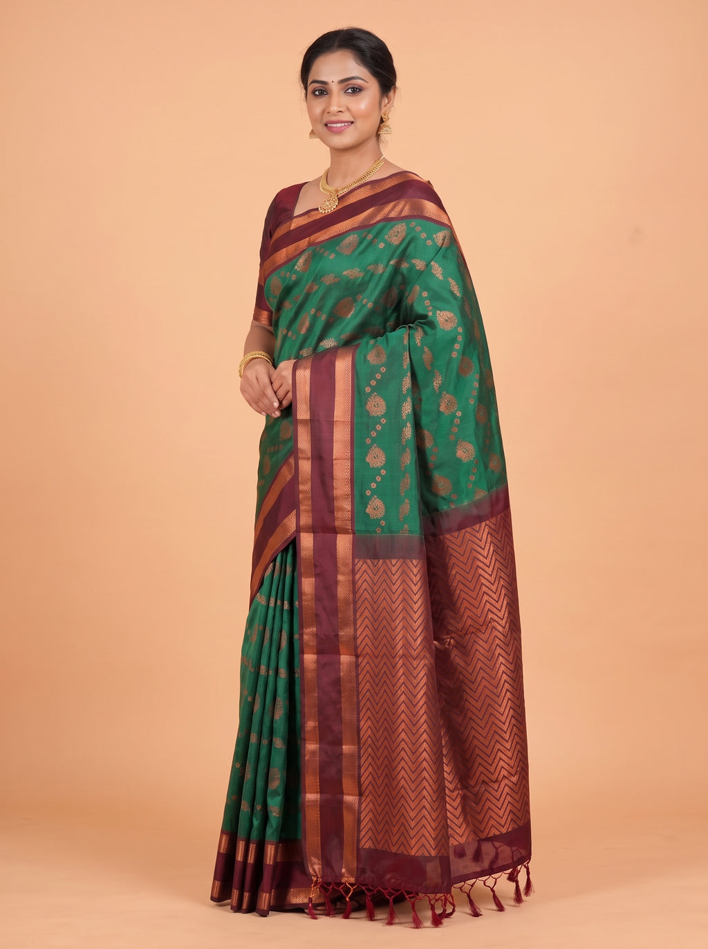 Rama Green and Maroon Gold Zari Woven Silk Saree