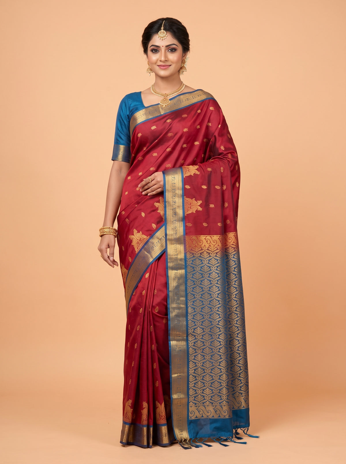 Maroon and Blue Gold Zari Woven Silk Saree