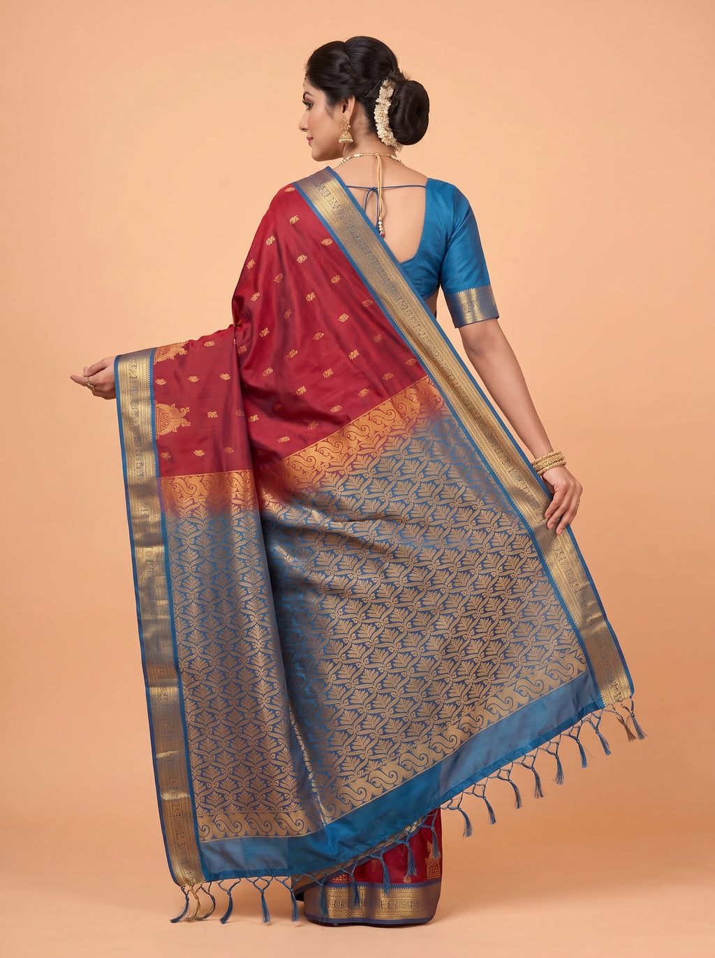 Maroon and Blue Gold Zari Woven Silk Saree