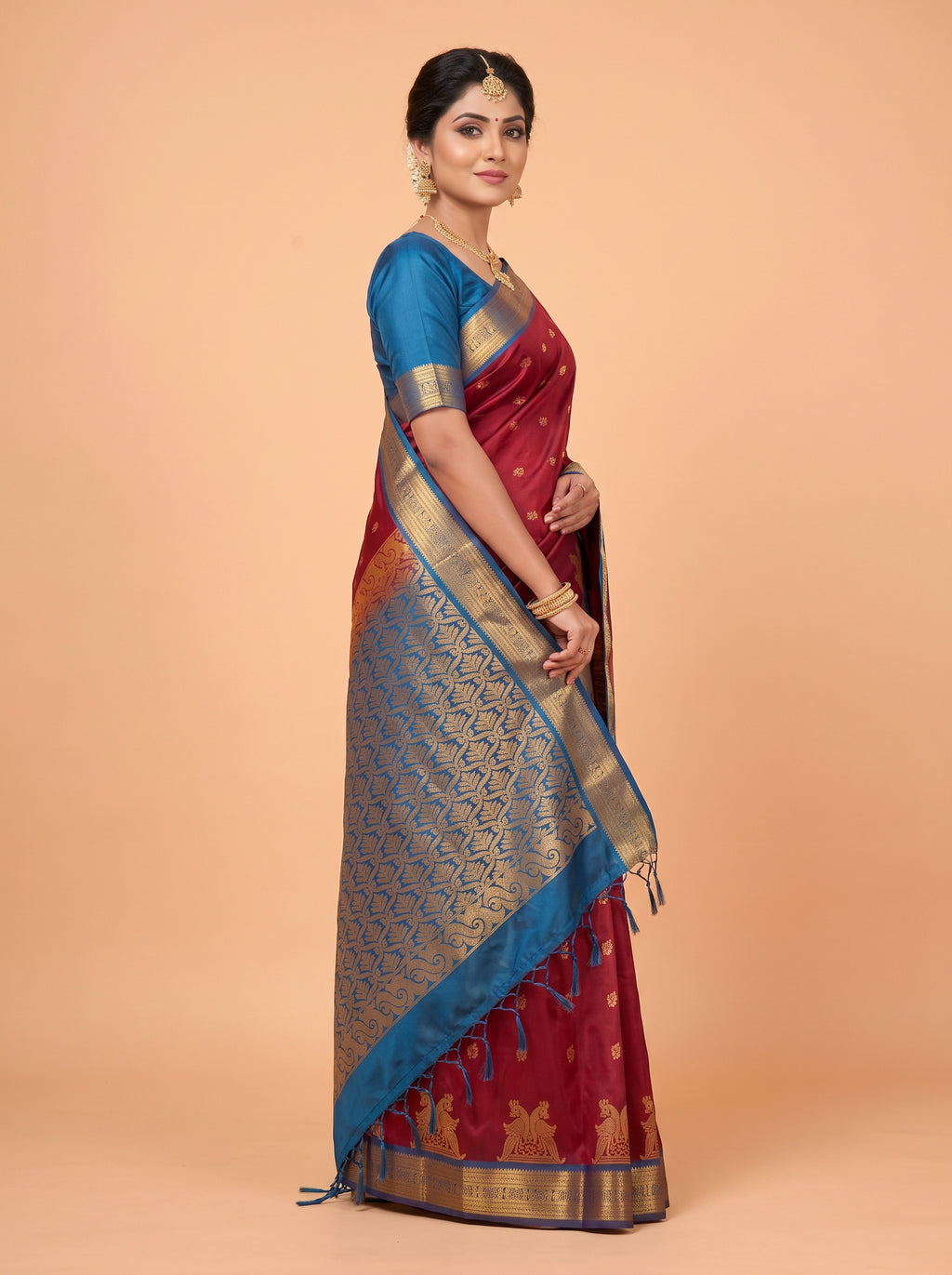 Maroon and Blue Gold Zari Woven Silk Saree