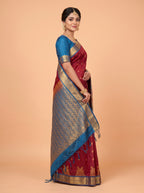 Maroon and Blue Gold Zari Woven Silk Saree