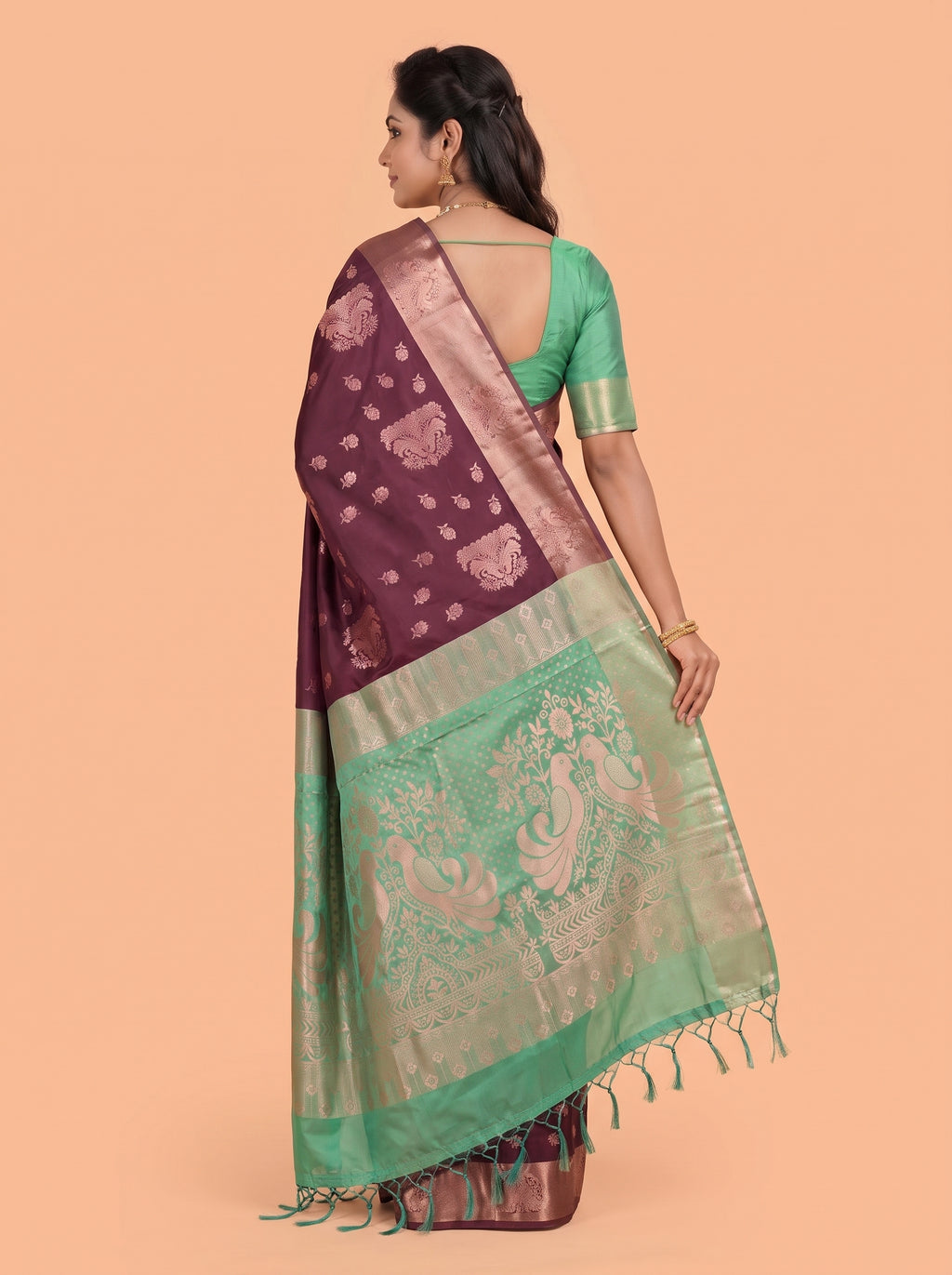 Wine Purple and Green Woven Tissue Silk Saree