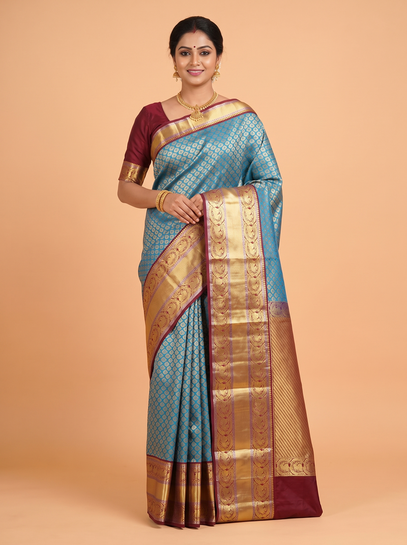 Blue Tissue Brocade Semi Silk Saree
