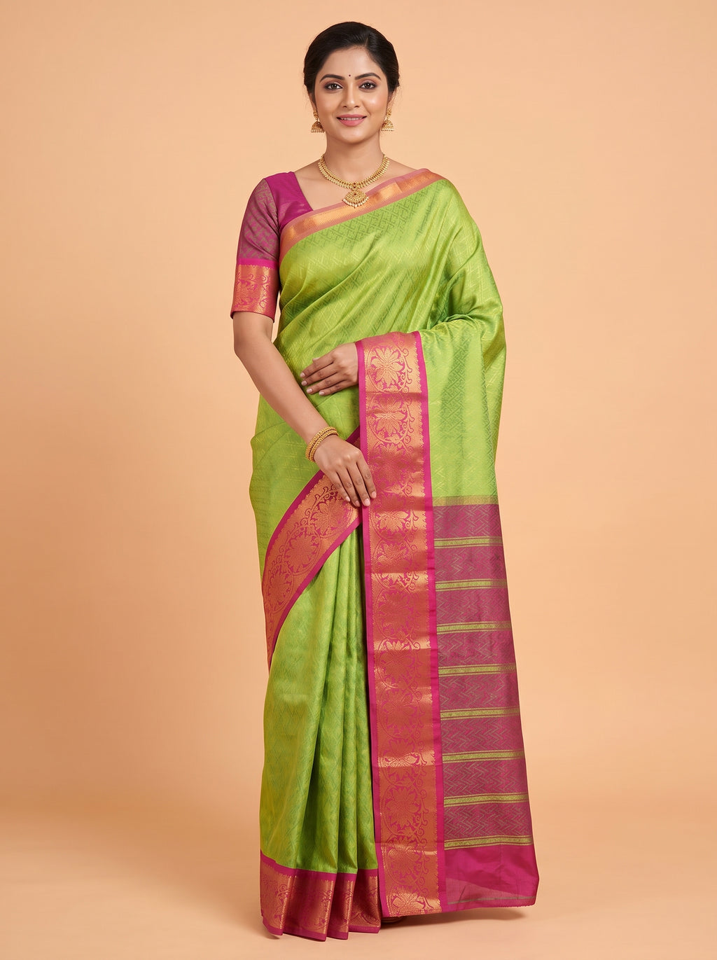 Green Bangalore Silk Saree with Intricate Gold Geometric Weave and Magenta Zari Border