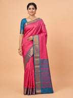 Pink Bangalore Silk Saree with Geometric Weave and Teal-Gold Zari Border