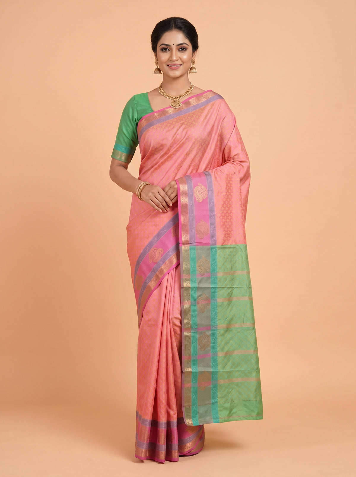 Orange Silk Saree with Woven Diamond Motifs and Paisley Zari Border