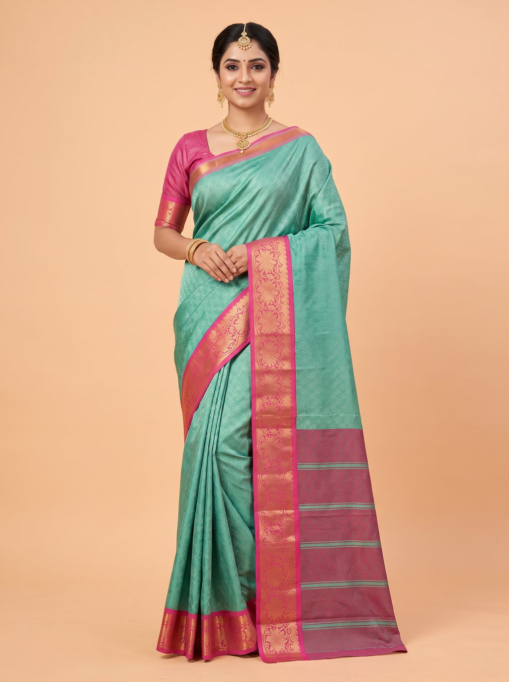 Mint Green Silk Saree with Geometric Woven Pattern and Floral Zari Pallu