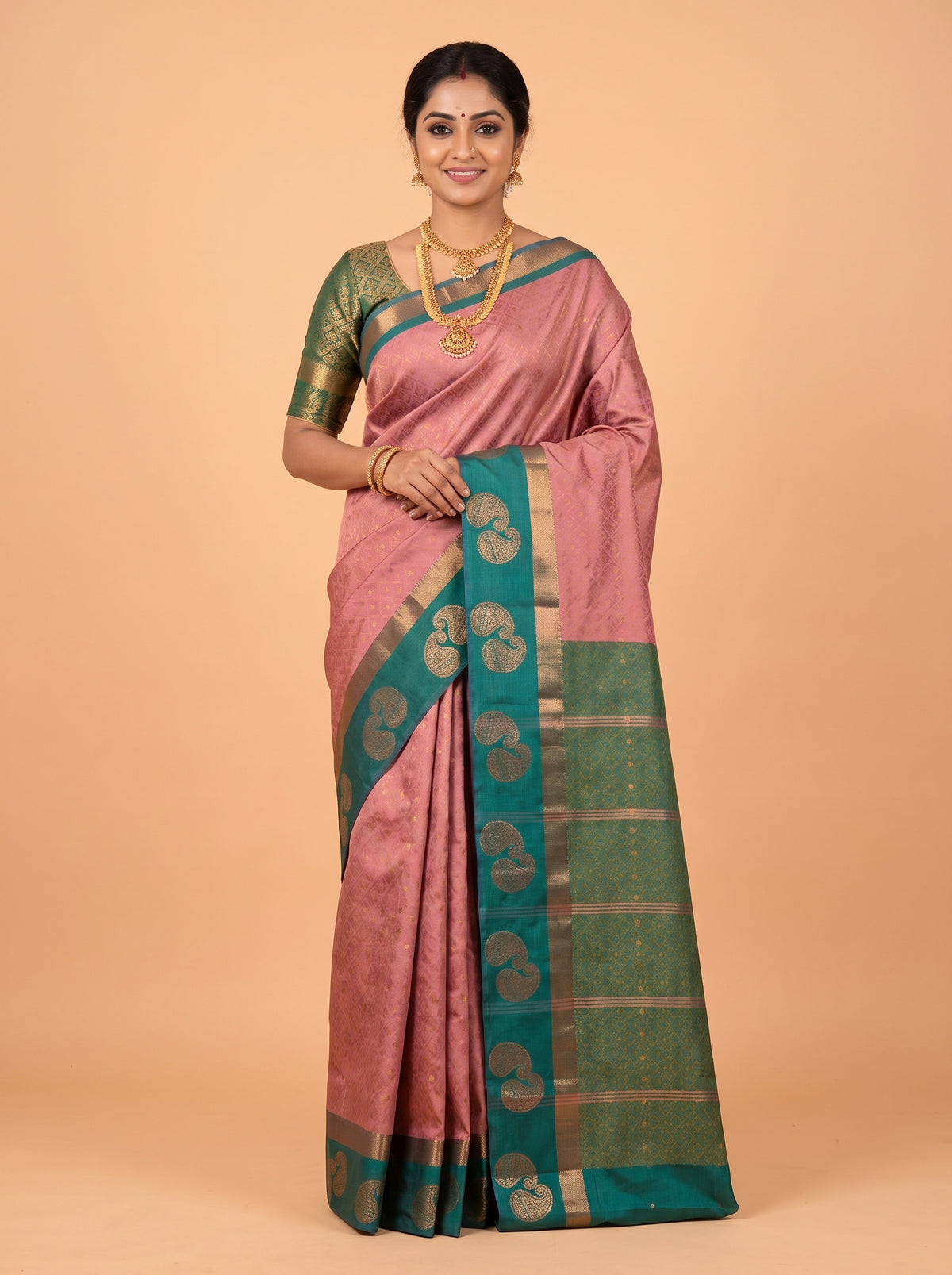 Pink Silk Saree with Geometric Woven Pattern and Paisley Pallu