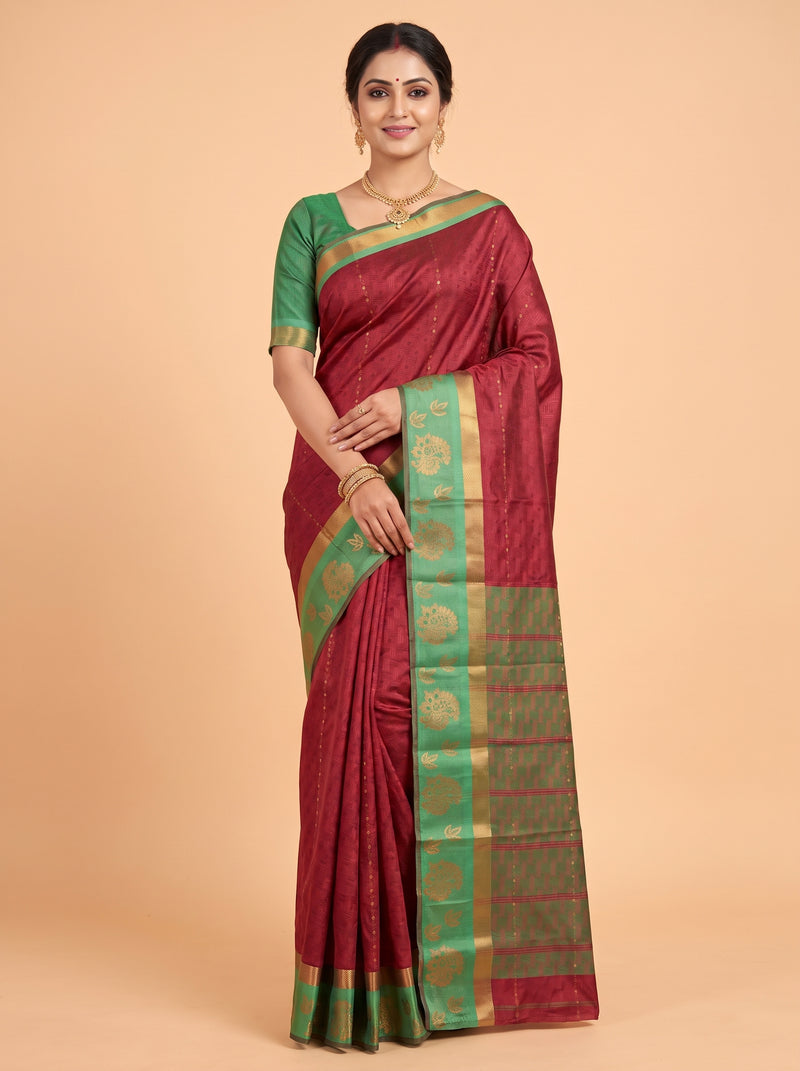Red Silk Saree with Olive Green Pallu and Paisley Zari Border