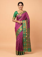 Magenta Silk Saree with Green Pallu and Paisley Zari Border