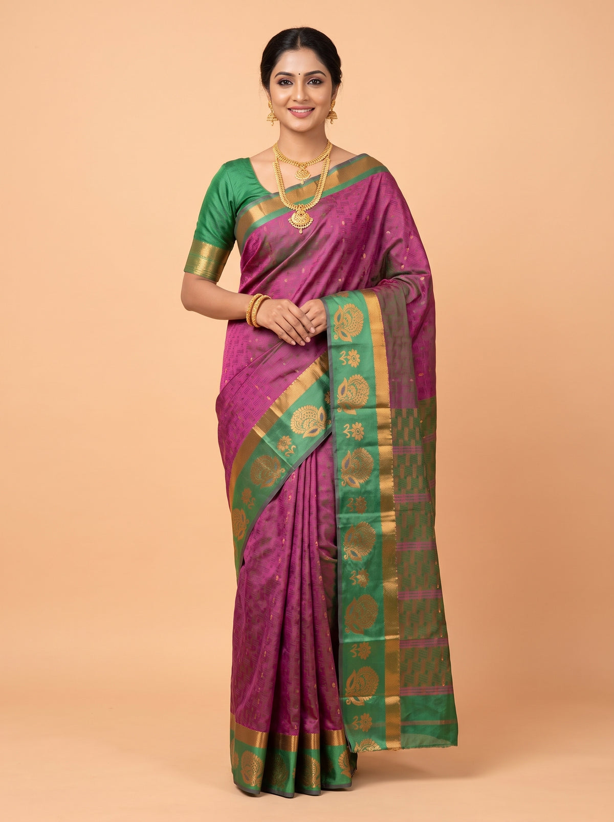 Magenta Silk Saree with Green Pallu and Paisley Zari Border