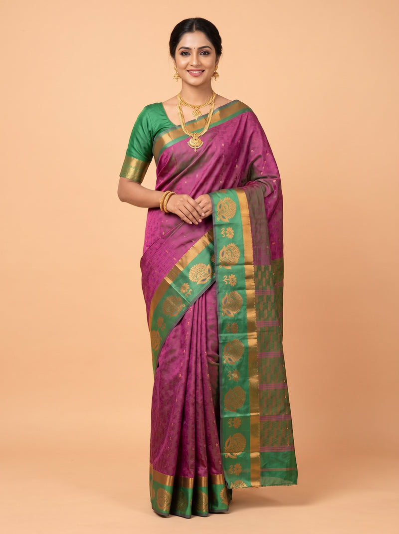 Magenta Silk Saree with Green Pallu and Paisley Zari Border