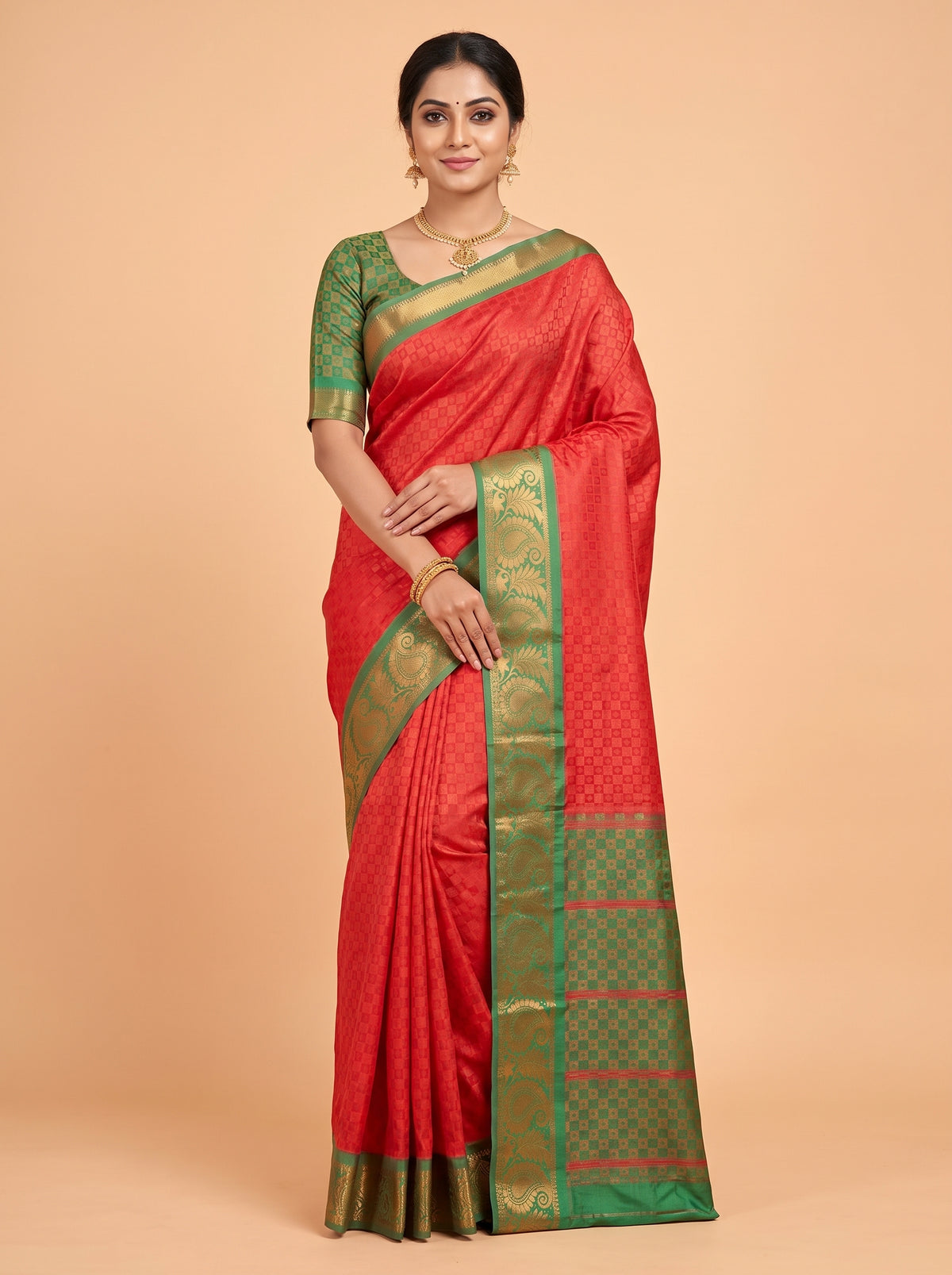 Red Silk Saree with Geometric Woven Pattern and Gold Zari Paisley Border